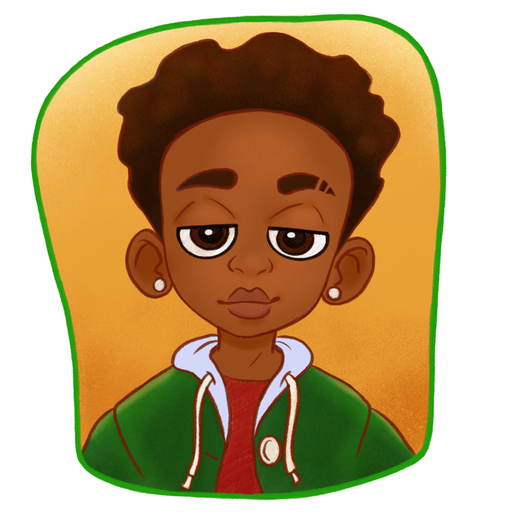 Children’s Illustration of black boy in green hoodie.