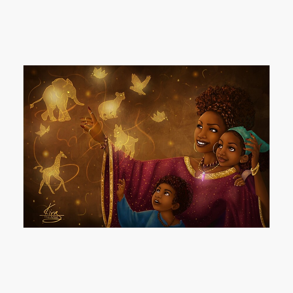 digital painting of a black witch with two black children 