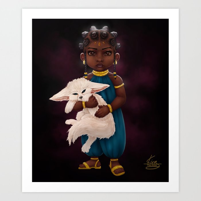 digital painting of black child holding white fox