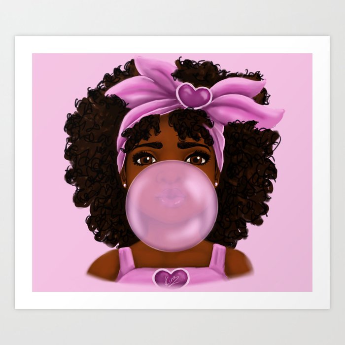 digital painting of a little black girl blowing bubble gum