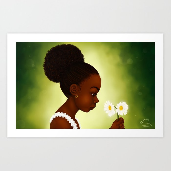 digital art painting of a little black girl holding daisies