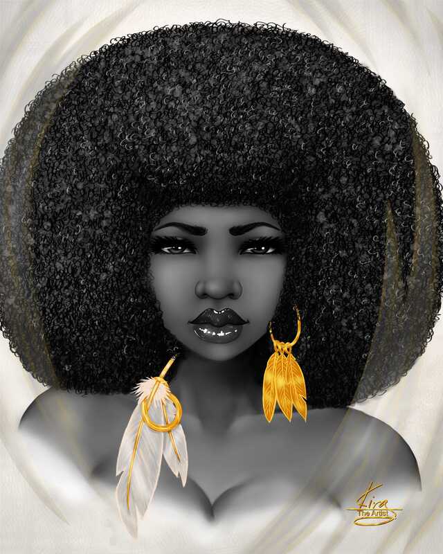 Image- Afo art of black and whites portrait of a black woman with large Afro hair and gold feather earrings by kira the artist-Shakira Rivers.