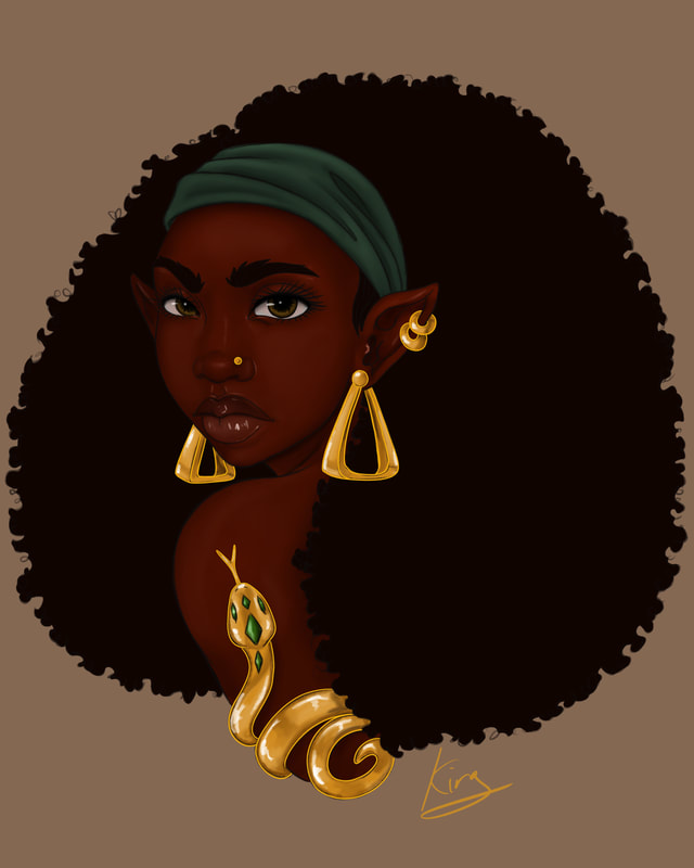 Image- African elf wearing gold jewelry and large curly black hair.