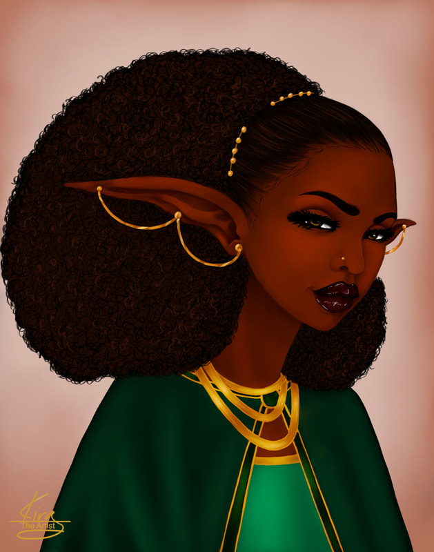 Image- digital fantasy painting of a black woman elf